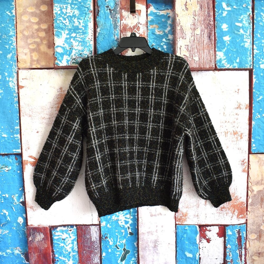 Women's Lovetrend New York Ladies Sweater Plaid Fuzzy Long Sleeve LARGE Black